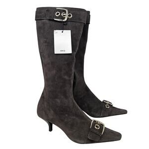NEW MNG Mango 36 Gray Suede Leather Buckle Tall Boot Kitten Heel Minimalist